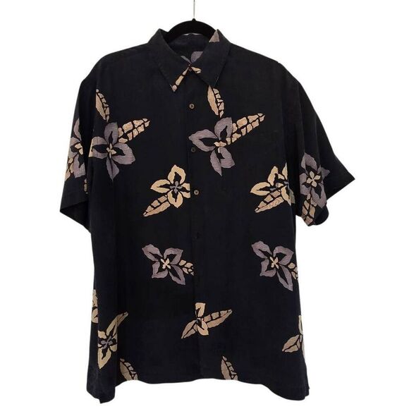 Firethorn Mens Floral 100% Silk Short Sleeve Hawaiian Shirt Black Medium - Picture 9 of 9